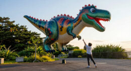 Giant Dinosaur Balloon Appears On Awaji Island