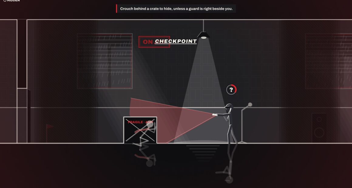 Film-noir stealth scene: a thief hiding behind a crate while a guard sweeps a flashlight cone
