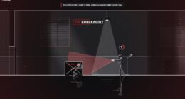Film-noir stealth scene: a thief hiding behind a crate while a guard sweeps a flashlight cone