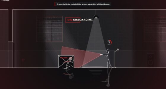 Film-noir stealth scene: a thief hiding behind a crate while a guard sweeps a flashlight cone